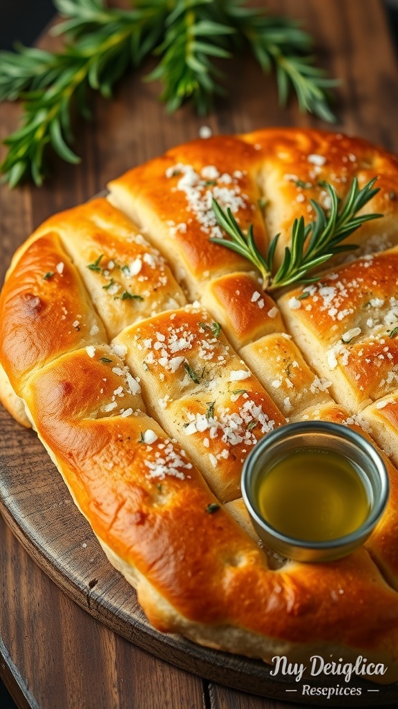 Freshly baked focaccia bread topped with rosemary and sea salt, sliced into squares on a wooden table.
